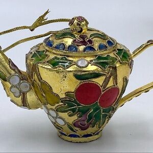 VTG 2” Cloisonné Teapot Christmas Ornament Red and gold Holly Enamel 2.5” tall.